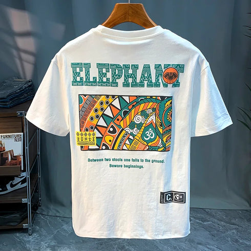 Premium Elephant Graphics Printed Tee with colorful elephant design and O-Neck collar.
